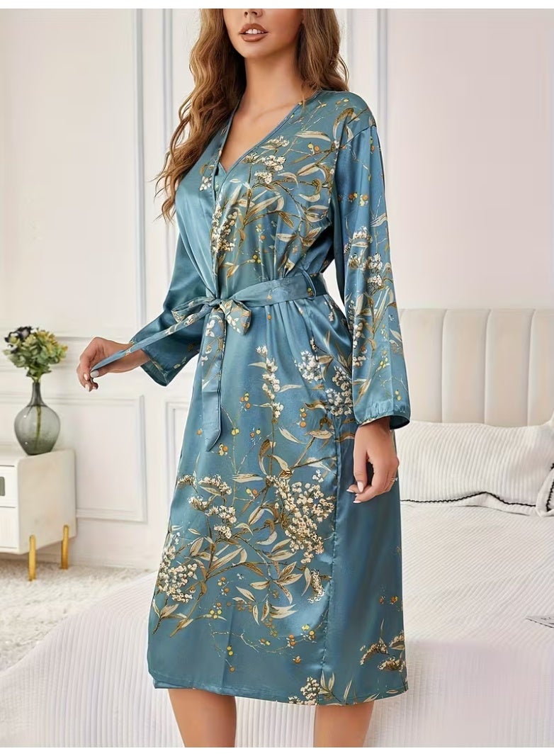 ناكسوس قمصان نوم نسائية، روب استحمام، صيفي، بأكمام طويلة، رداء من الساتان، بيجامات كيمونو - Image 4